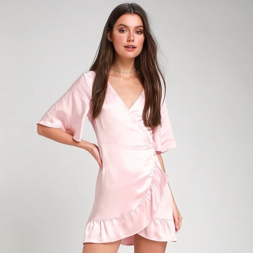 NEW! Lulus Ready for Romance Blush Ruffle Satin Mini Wrap Dress